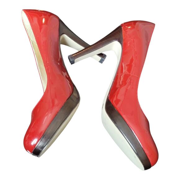Jessica Simpson Red Patent Leather Round Toe Platform Wood Heels Stelletto Pumps - Picture 1 of 8